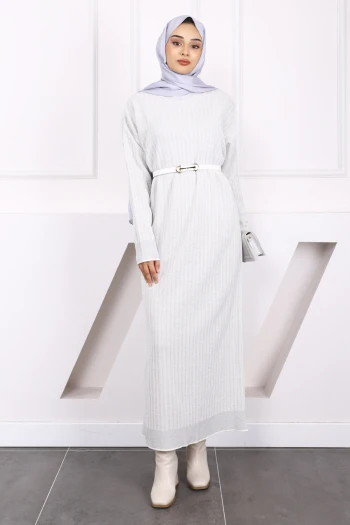 Ekru Simli Çizgili Triko Elbise