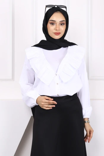 Ekru Yaka Fırfırlı Düğmeli Gömlek