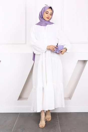 Ekru Yarım Düğmeli Katlı Müslin Elbise