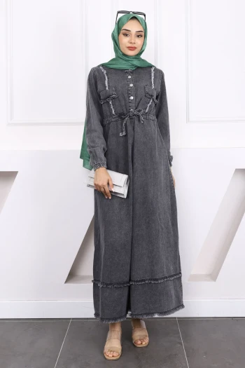 Füme Püsküllü Bel Bağlamalı Kot Elbise