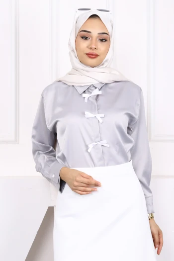 Gri Fiyonklu Saten Gömlek