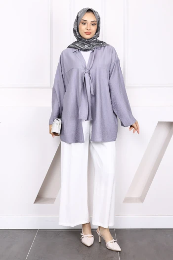 Gri Ön Bağlamalı Modal Kimono