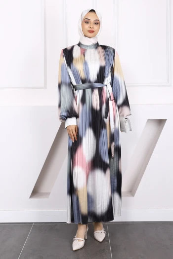 Haki Bel Kuşaklı Pileli Elbise