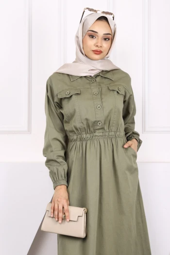 Haki Bel Lastikli Cepli Gabardin Elbise