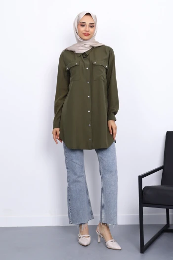 Haki Omuzları Apoletli Çift Cepli Tunik