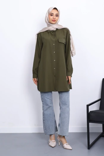 Haki Omuzları İncili Tunik