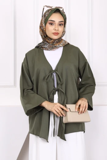 Haki Ön Bağlamalı Kimono