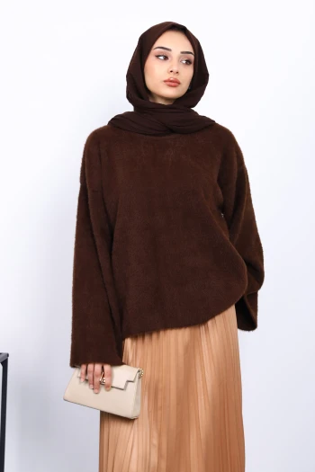 Kahverengi Bisiklet Yaka Oversize Sakal Triko Kazak