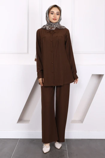 Kahverengi Bürümcük Gömlek Pantolonlu Takım
