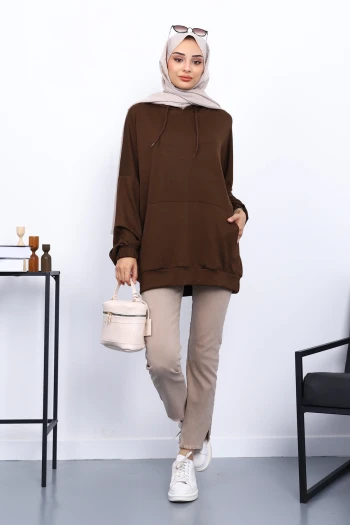 Kahverengi Kanguru Cepli Modal Sweatshirt