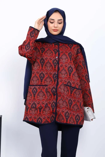 Kırmızı Etnik Desenli Çıtçıtlı Ceket