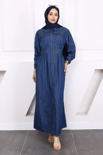 Koyu Mavi Cepli Düğmeli Kot Elbise