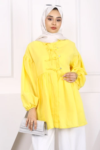 Koyu Sarı Kol Lastikli Ön Düğmeli Tunik