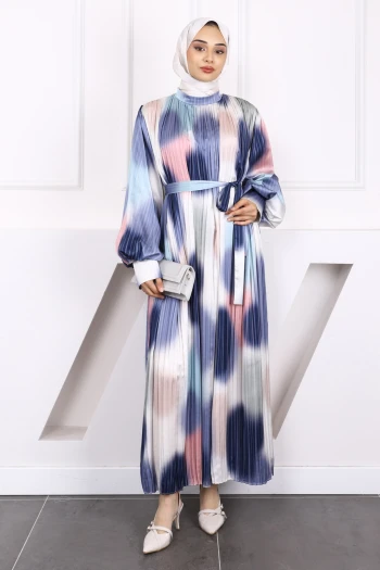 Lacivert Bel Kuşaklı Pileli Elbise