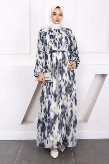 Lacivert Kuşaklı Desenli Büzgülü Şifon Elbise