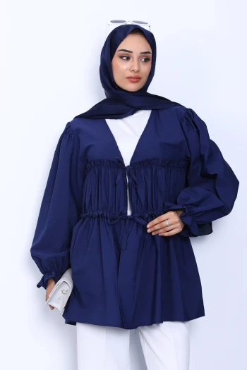Lacivert Ön Bağlamalı Fırfırlı Kimono