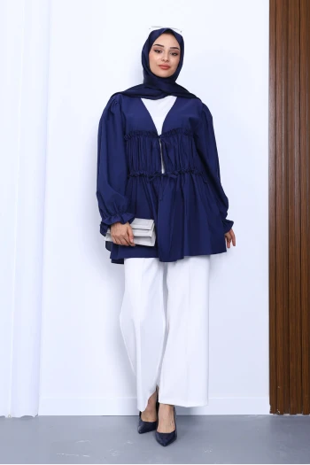 Lacivert Ön Bağlamalı Fırfırlı Kimono