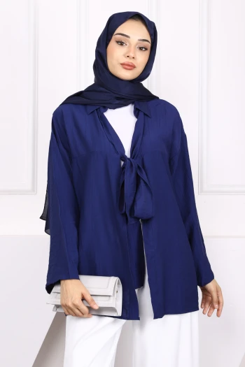 Lacivert Ön Bağlamalı Modal Kimono