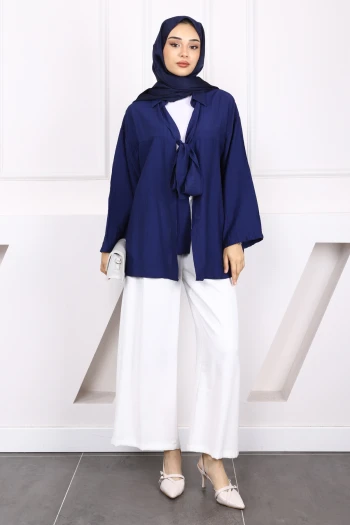 Lacivert Ön Bağlamalı Modal Kimono
