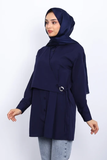 Lacivert Yan Bağlamalı Poplin Tunik