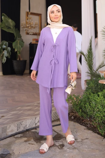 Lila Ön Bağlamalı Bürümcük Kimono Pantolonlu Takım