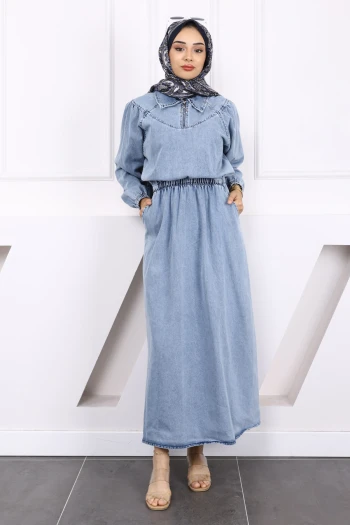 Mavi Bel Lastikli Cepli Kot Elbise
