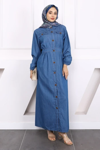 Mavi Cepli Düğmeli Kot Elbise