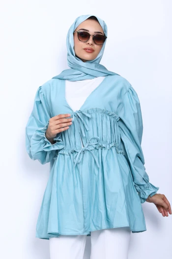 Mint Ön Bağlamalı Fırfırlı Kimono