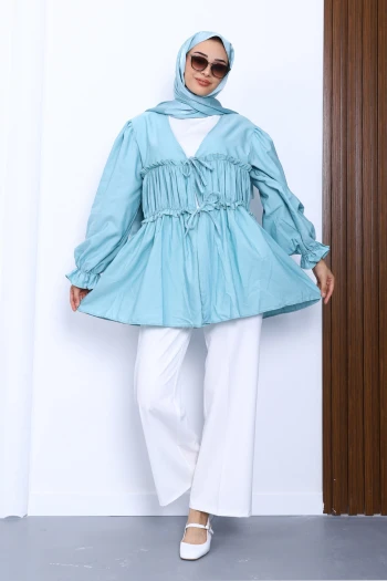 Mint Ön Bağlamalı Fırfırlı Kimono