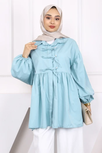 Mint Yeşili Kol Lastikli Ön Düğmeli Tunik
