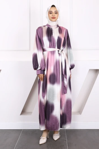 Pembe Bel Kuşaklı Pileli Elbise