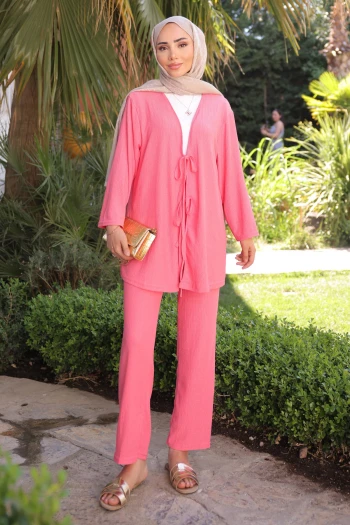 Pembe Ön Bağlamalı Bürümcük Kimono Pantolonlu Takım