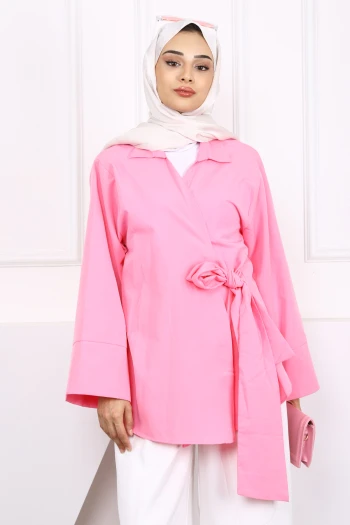 Pembe Yan Bağlamalı Kimono