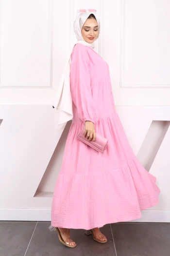 Pembe Yarım Düğmeli Katlı Müslin Elbise