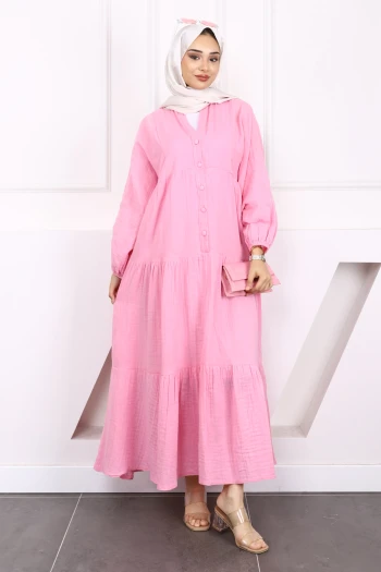 Pembe Yarım Düğmeli Katlı Müslin Elbise