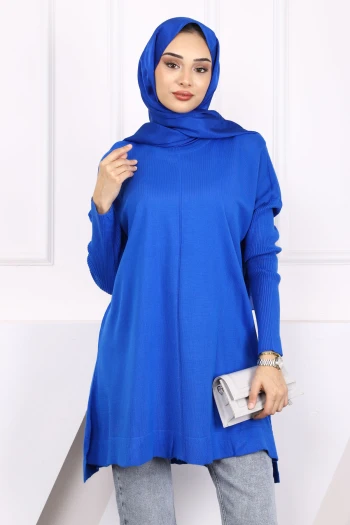 Saks Mavi Bisiklet Yaka Merserize Salaş Triko Tunik