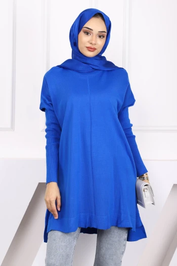 Saks Mavi Bisiklet Yaka Merserize Salaş Triko Tunik