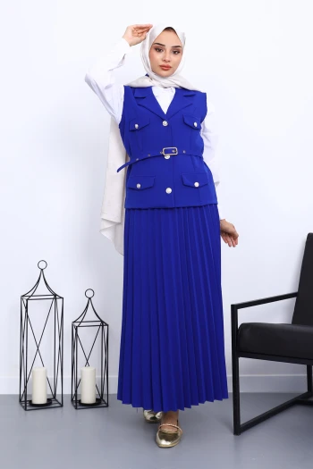 Saks Mavi Kemerli Yelek Etekli Krep Takım