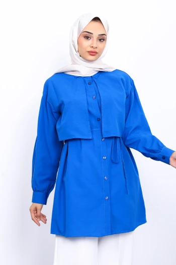 Saks Mavi Ön Detaylı Poplin Tunik