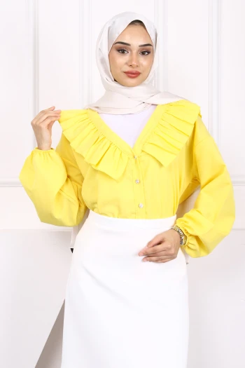 Sarı Yaka Fırfırlı Düğmeli Gömlek