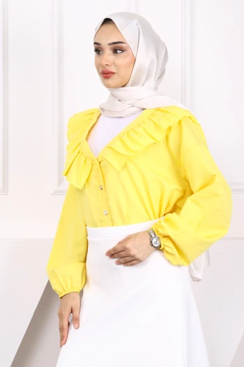 Sarı Yaka Fırfırlı Düğmeli Gömlek