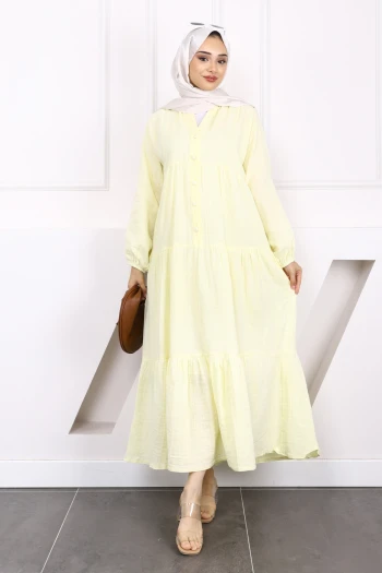 Sarı Yarım Düğmeli Katlı Müslin Elbise