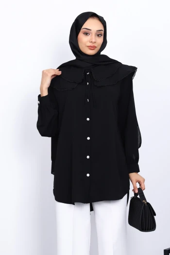 Siyah Bebe Yaka Dantelli Tunik