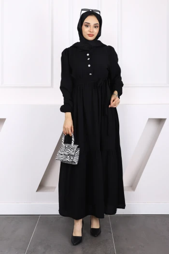 Siyah Bel Büzgülü Keten Elbise