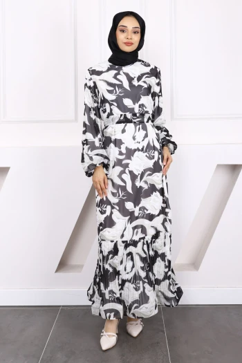 Siyah Desenli Şifon Elbise