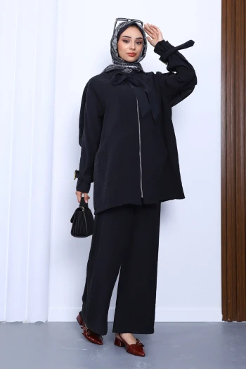 Siyah Fermuarlı Modal Tunik Pantolonlu Takım