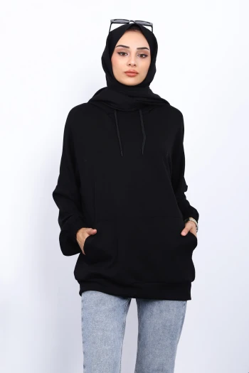 Siyah Kanguru Cepli Modal Sweatshirt