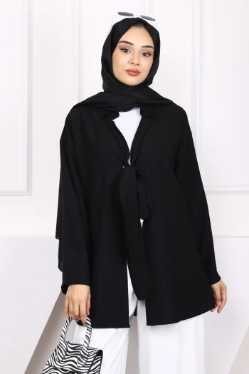 Siyah Ön Bağlamalı Modal Kimono