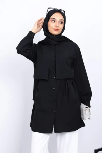 Siyah Ön Detaylı Poplin Tunik