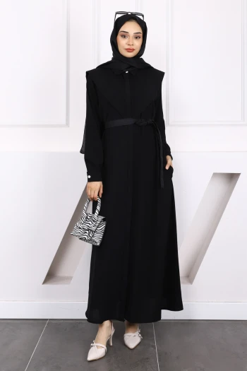 Siyah Önü Düğmeli Cepli Elbise